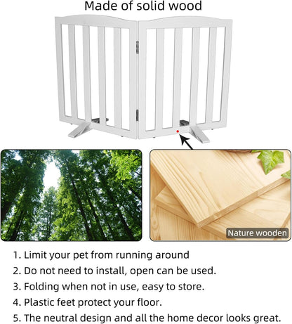 ZJSF Foldable Freestanding Indoor Dog Gate for House Wood White Long Pet Gates Dog Fence for Stairs Puppy Gates for Hallways,Pet Fence, Puppy Gate,Support Feet Included 24 "Height-3 Panels