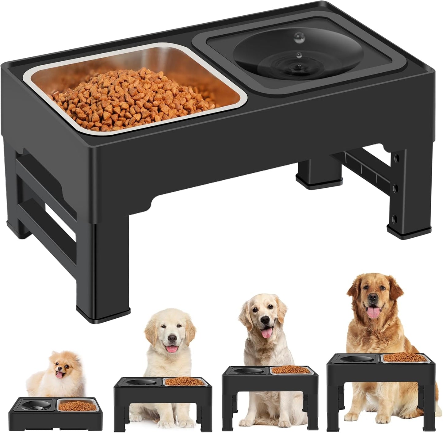 2-in-1 Elevated Slow Feeder Dog Bowls, 4 Height Adjustable Raised Dog Bowls Stand with No Spill Water Bowl, Non-Skid Pet Food Feeding Set for Small, Medium, Large Dogs Cats
