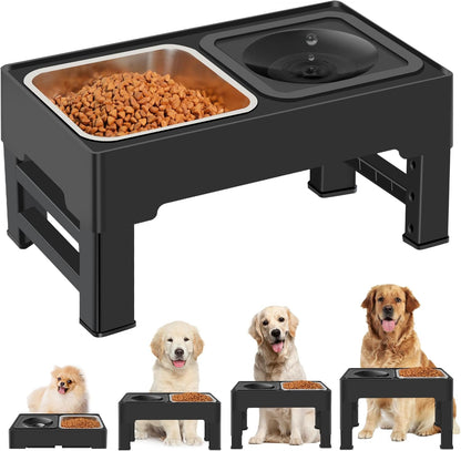 2-in-1 Elevated Slow Feeder Dog Bowls, 4 Height Adjustable Raised Dog Bowls Stand with No Spill Water Bowl, Non-Skid Pet Food Feeding Set for Small, Medium, Large Dogs Cats