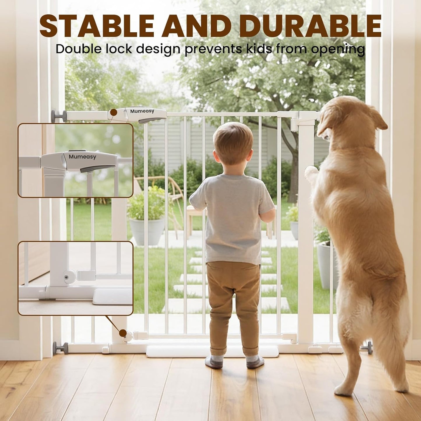 Baby Gate for Stairs, 29.7-40.6" Auto Close Dog Gate Indoor for Doorways, Dual-Lock Design, Adjustable Pet Gate No Drilling with Walk Thru Door for Hallways, Stroller Friendly, Black