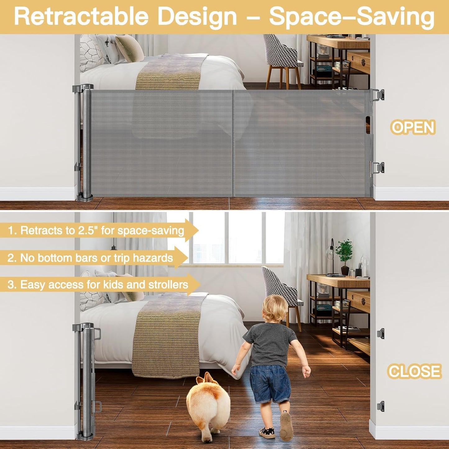 Reinforced 28 Inch Tall Retractable Baby Gates for Dogs, Easy Step Over Pet Gate with Support Rods, 55" Wide Retractable Dog Gate, Puppy Gates for The House Short Dog Gate for Stairs, Doorways, White