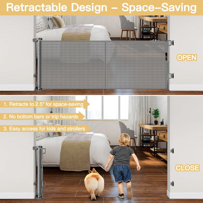 Reinforced 28 Inch Tall Retractable Baby Gates for Dogs, Easy Step Over Pet Gate with Support Rods, 55" Wide Retractable Dog Gate, Puppy Gates for The House Short Dog Gate for Stairs, Doorways, White