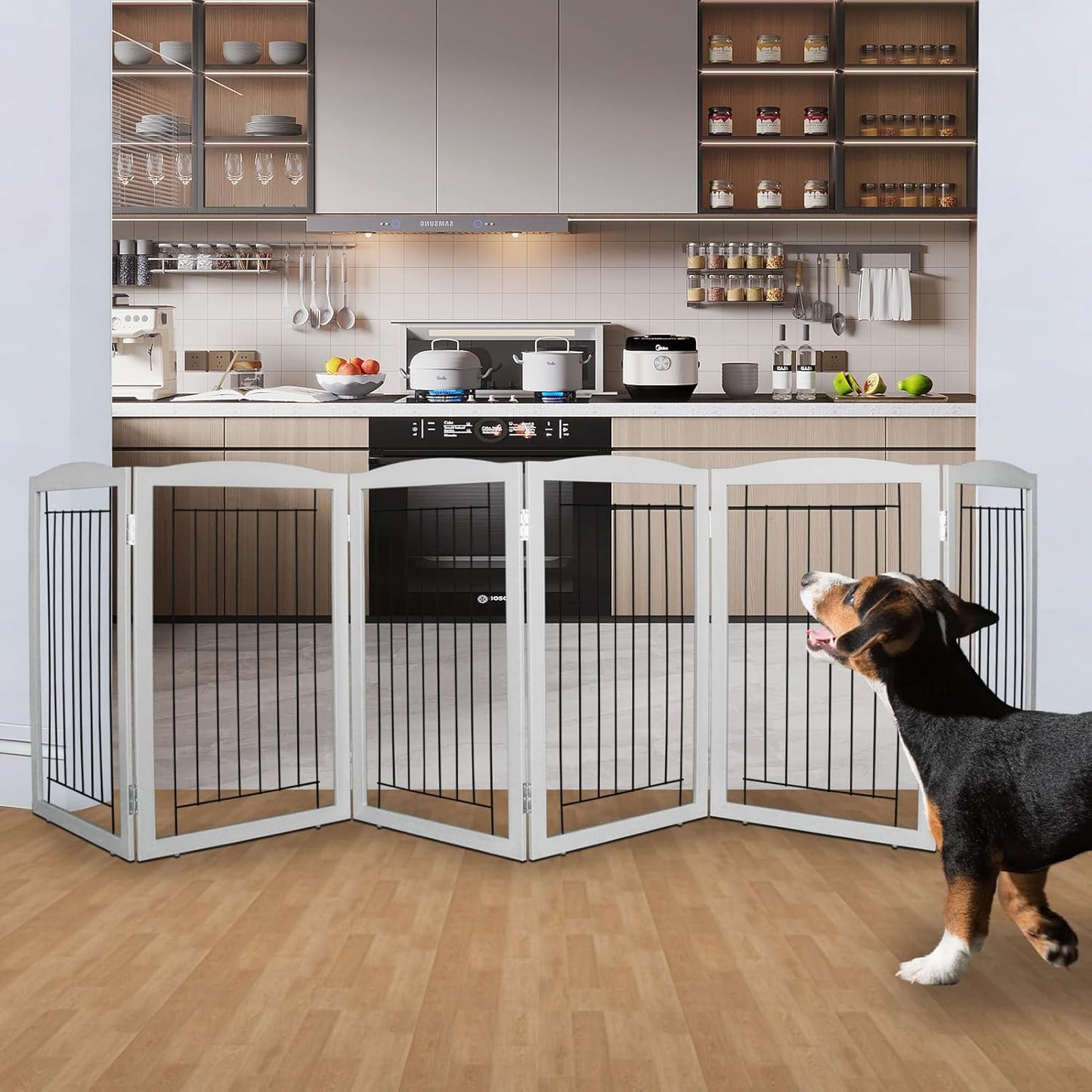 ZJSF Freestanding Foldable Dog Gate for House Extra Wide Wooden White Indoor Puppy Gate Stairs Doorways Pet Gate Tall Dog Fence 3 Panels Fence