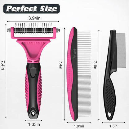 3PCS Pet Grooming Rake & Metal Comb & Flea Comb for Cats and Dogs, Double-Sided Dematting Tool, Extra-Wide Deshedding Dog Brush for Long Hair to Effectively Remove Tangles, Knots and Mats (Blue)