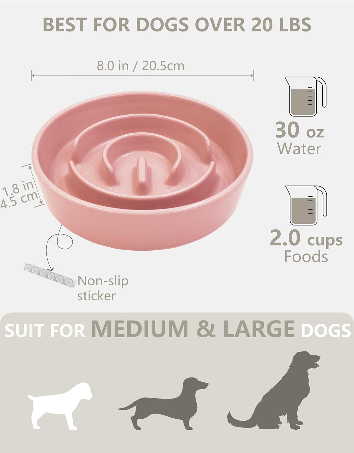 Ceramic Slow Feeder Dog Bowls, 2.0 Cups Slow Feeder for Medium Dogs, Puzzle Maze Bowl to Slow Down Eating, 30oz, 8in, White