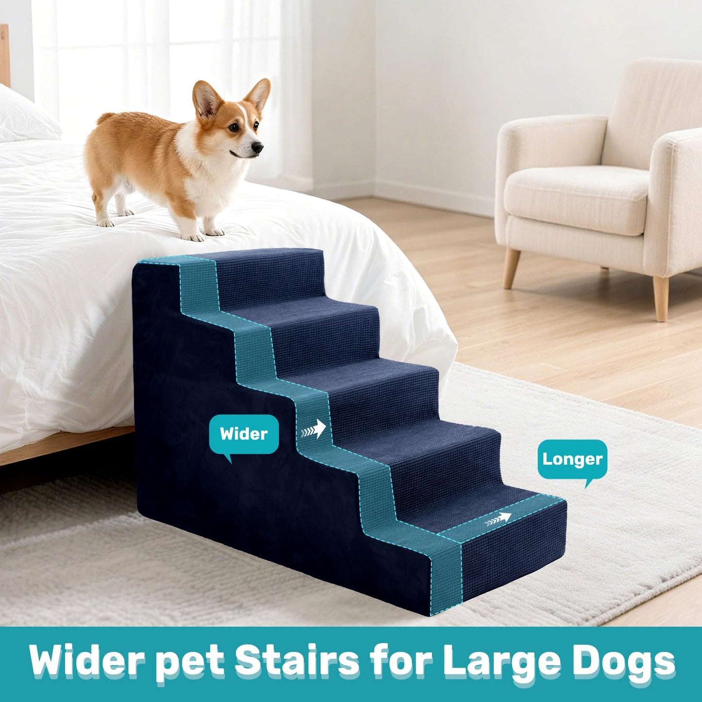 Dog Stairs for Bed, Extra Wide 5-Step Dog Steps for High Bed, High-Density Foam Pet Stairs with Non-Slip Removable Washable Cover for Small Pets, 23" H, Navy