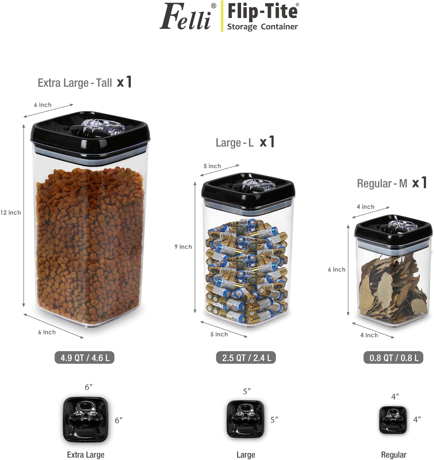 Felli Flip Tite Pet Food Container with Airtight Lids, BPA FREE Acrylic Canister with Paw Bone Fish Flip Top Handles for Cat Dog Kibble Treats Storage, Keep Fresh (Pet Collection Nest-L3pk)