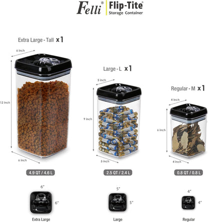 Felli Flip Tite Pet Food Container with Airtight Lids, BPA FREE Acrylic Canister with Paw Bone Fish Flip Top Handles for Cat Dog Kibble Treats Storage, Keep Fresh (Pet Collection Nest-L3pk)