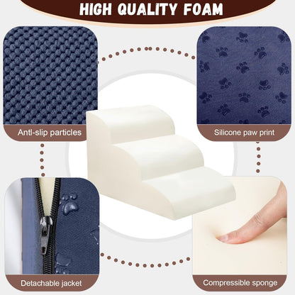 Dog Stairs for Small Dogs - High Density Foam Dog Ramp, Extra Wide Pet Steps with Non-Slip Bottom for High Beds, Couche and Sofa, Best for Pet Injured, Older Dogs Cats (Grey, 4 Steps)