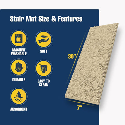 Muddy Mat® Pack of 4 - Soft Chenille Stair Treads Non-Slip Reusable, Super Absorbent Stair Treads for Wooden Steps, Tile & Marble Floor, Easy to Install & Machine Washable - Grey 30'' x 7''