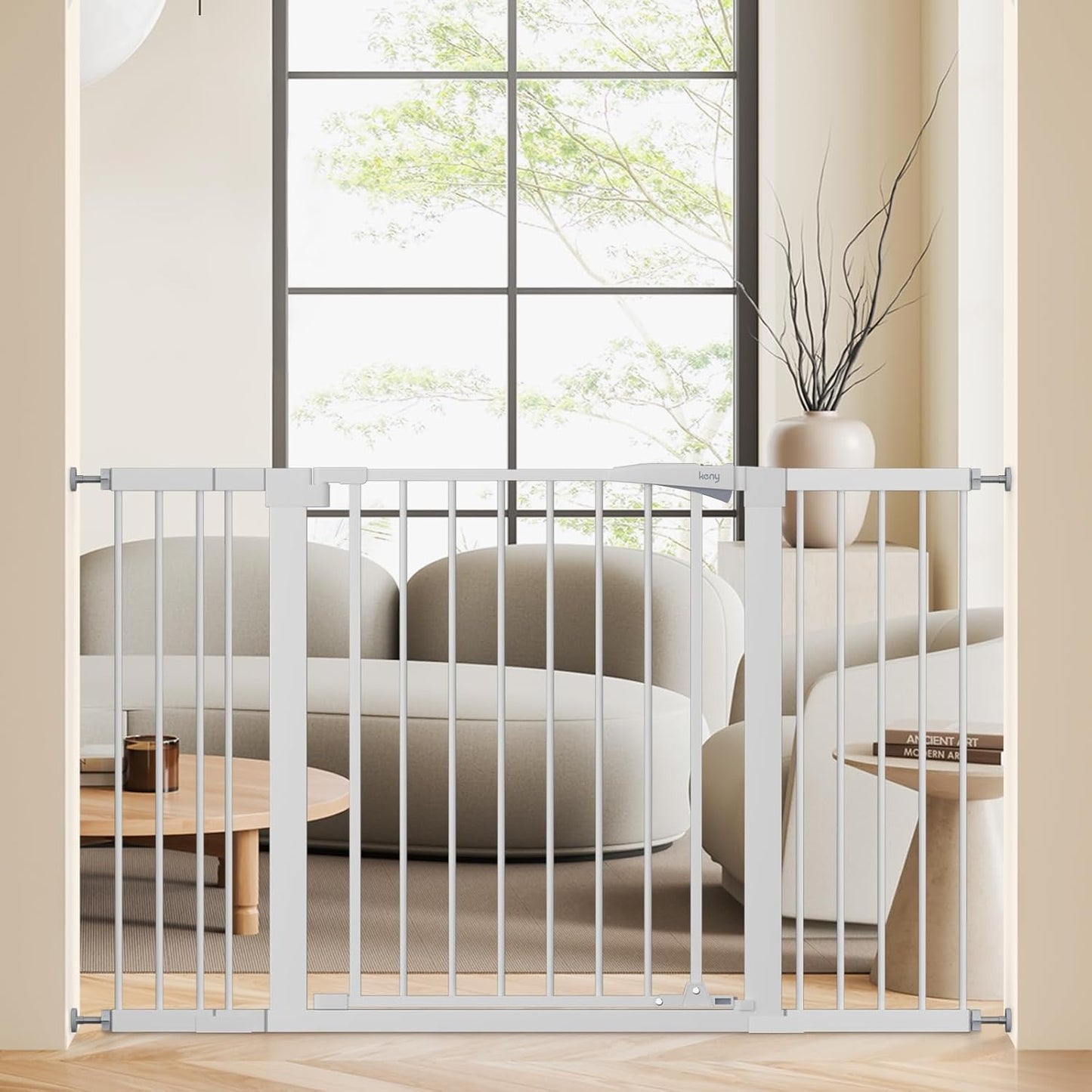 keny 29.7"-46" Baby Gate for Stairs, Auto Close Dog Gates for Doorways, Pressured Mounted No Drilling Pet Gate Extra Wide, One-Hand Opening Dual Lock Stair Gate, Indoor Kids Necessities, Black