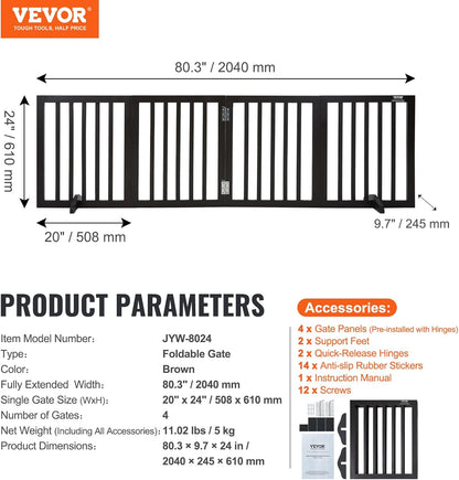 VEVOR Freestanding Pet Gate, Wooden 24" H x 80" W, 4-Panel Foldable Gate for Wide & Narrow Passageways, Expandable Dog Barrier with Silent Foot Support, White