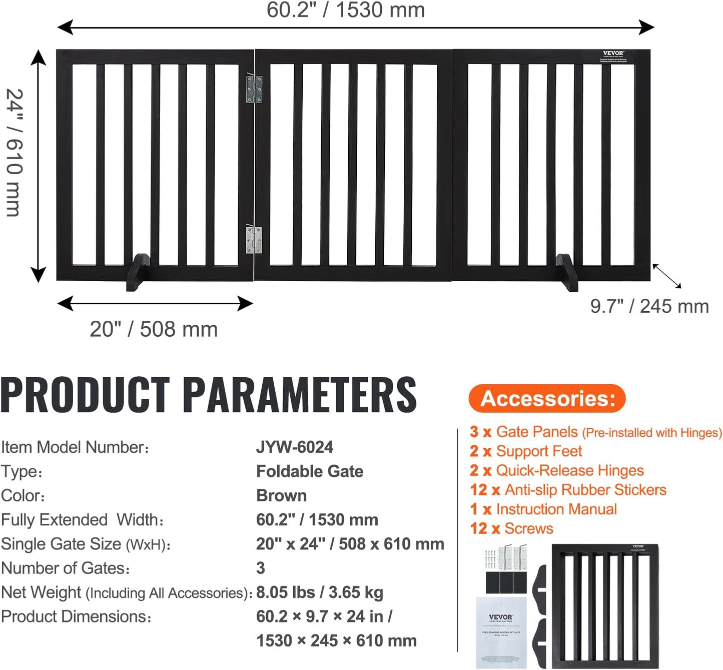 VEVOR Freestanding Pet Gate, Wooden 24" H x 80" W, 4-Panel Foldable Gate for Wide & Narrow Passageways, Expandable Dog Barrier with Silent Foot Support, White