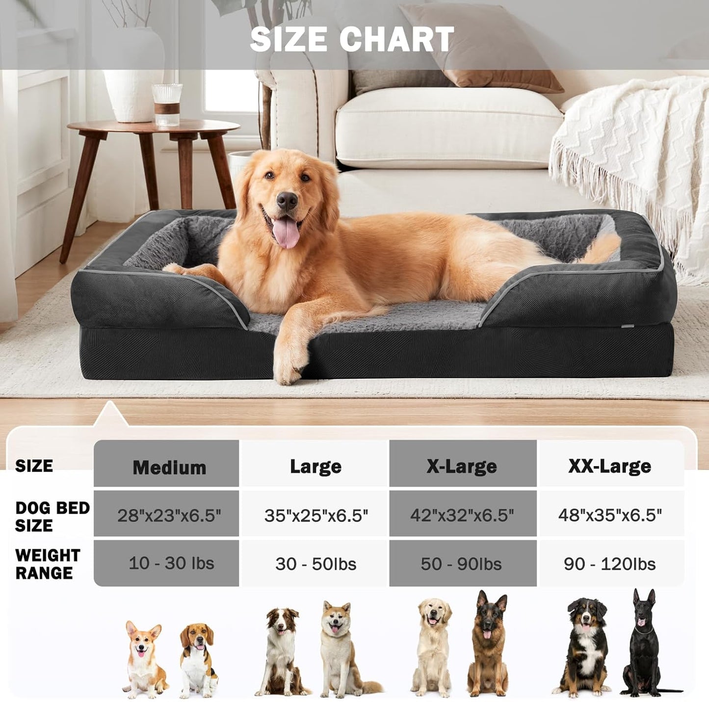 INVENHO Orthopedic Dog Beds Large Sized, XL Washable Dog Sofa with Egg-Crate Foam, Waterproof Lining and Non-Skid Bottom