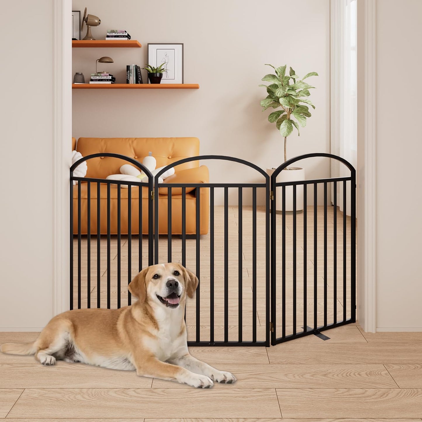 SNUOWU 4 Panels Full Matel Freestanding Dog Gates with Door, 96"Extra Wide 32"Tall Free Standing Dog Pet Gate for Indoor & Outdoor. Foldable Pet Fences for Doorways, House, Stairs, Porch, Deck, Yard