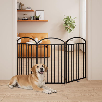SNUOWU 4 Panels Full Matel Freestanding Dog Gates with Door, 96"Extra Wide 32"Tall Free Standing Dog Pet Gate for Indoor & Outdoor. Foldable Pet Fences for Doorways, House, Stairs, Porch, Deck, Yard