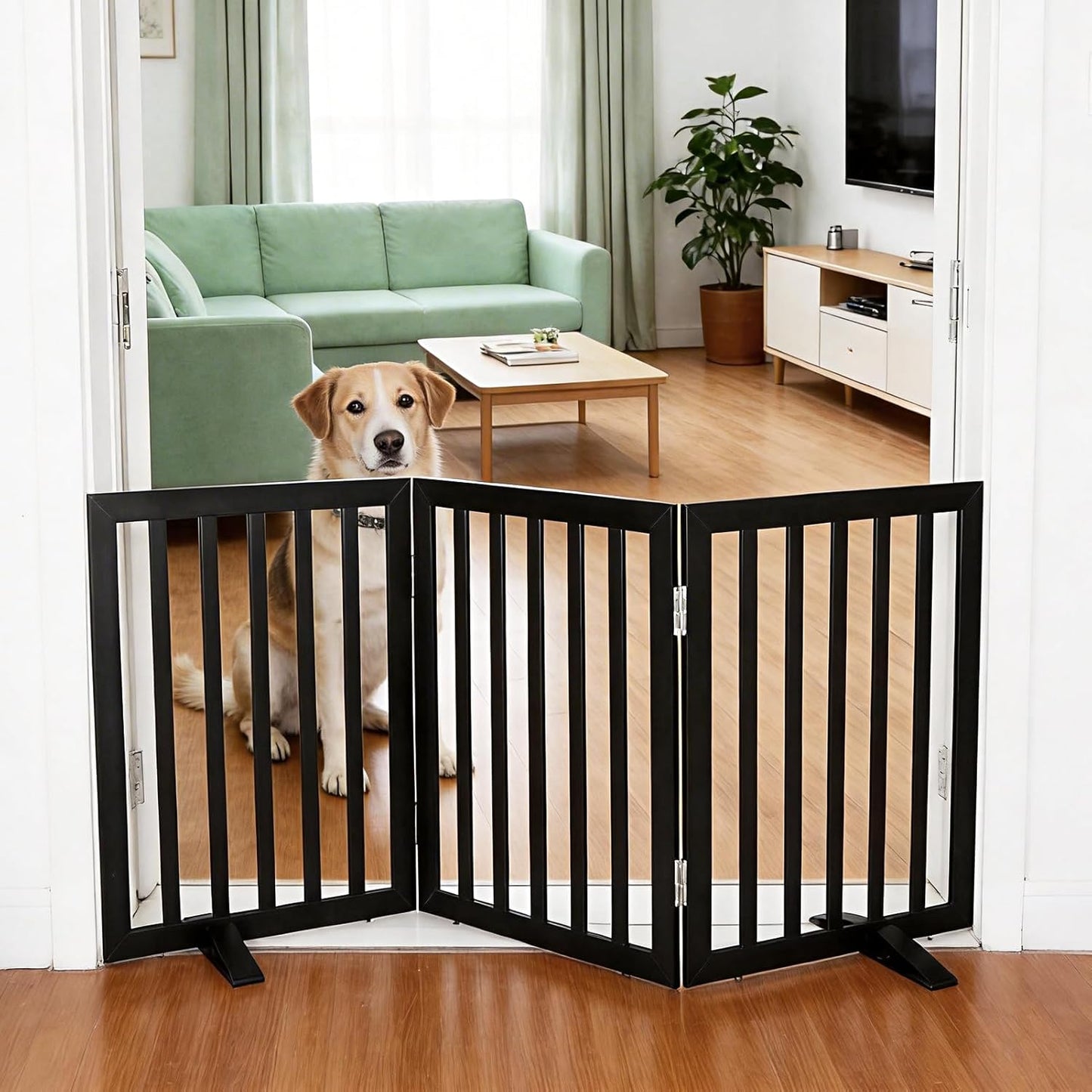 ZJSF Freestanding Indoor Dog Gate for House Foldable Wood Puppy Gate for Doorways Pet Gate for Stairs Extra Wide Pet Fence, Brown, 24" Height 3 Panels