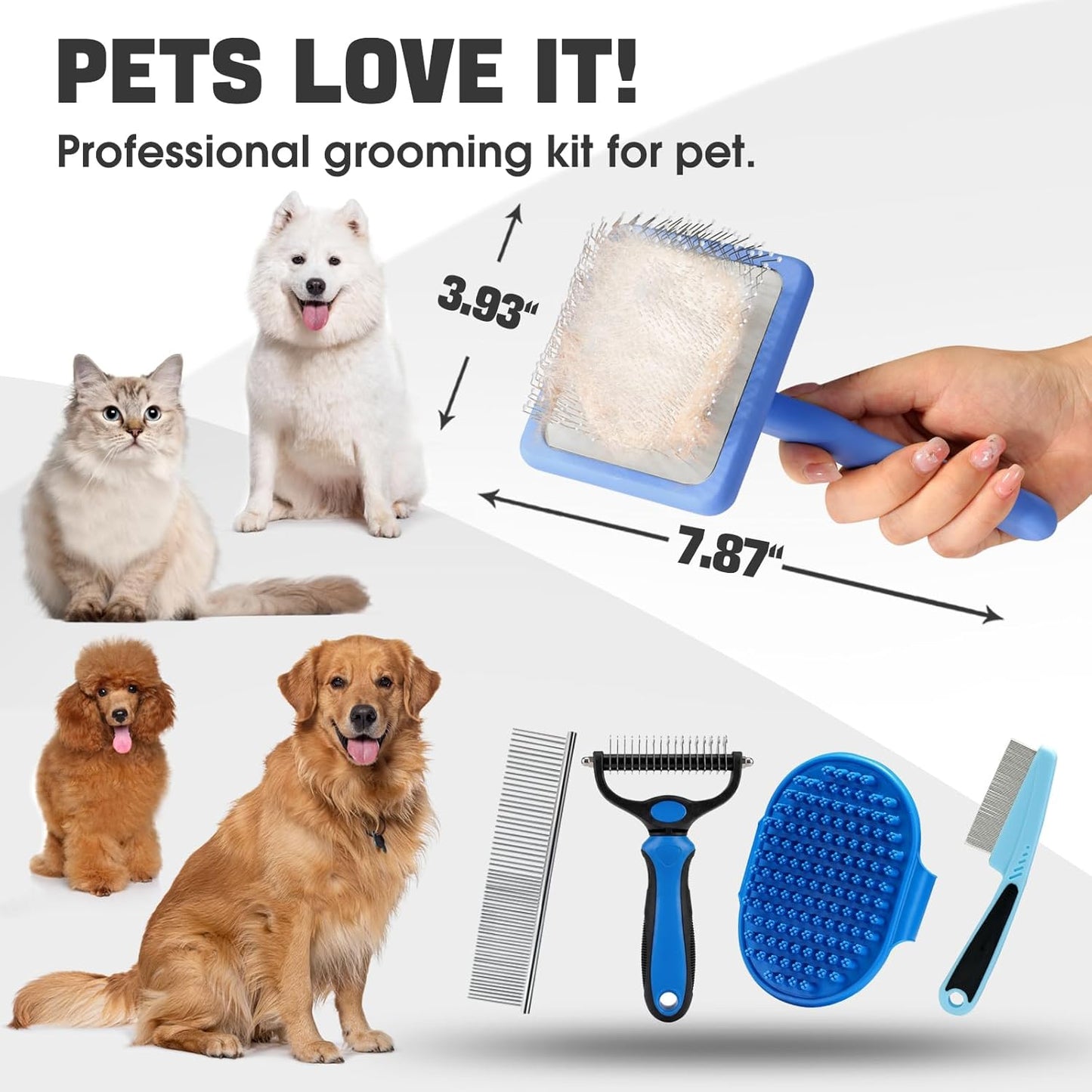 Bonteck Dog Slicker Brush for Dogs Grooming Kit 5PCS | Large Dog Brush for Goldendoodles Poodles Doodles | Long Pin Haired Brush | Poodle Brushes and Comb (Purple)
