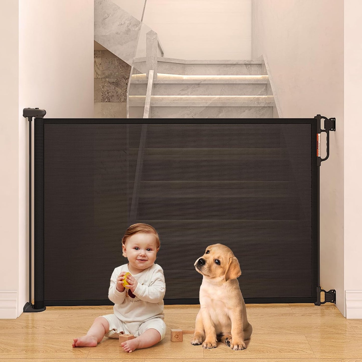 Retractable Baby Gate, Momcozy Extra Wide Mesh Baby Gates for Stairs, 41" Tall, Extends to 71" Wide, Black, Pet Dog Gate for Doorways, Stairs, Hallways, Indoor/Outdoor
