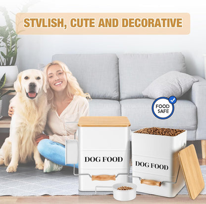Tioncy 2 Pcs Metal Dog Food Storage Containers Total 10-14 Lbs (50 Cup) Capacity, Airtight Pet Food Canister with Bamboo Lids Scoop DIY Labels Dog Treat Storage Jars for Kitchen Counter(White)