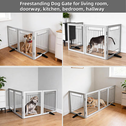 ZJSF Freestanding Dog Gate Indoor, Foldable Dog Fence for Doorways,Hallways or Stairs, Sturdy Wood Extra Wide Pet Gate with Support Feet,Black,24 "Height-3 Panels