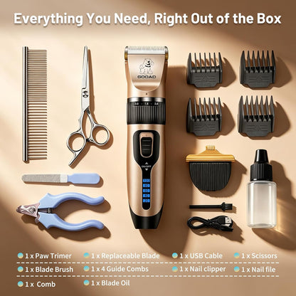 Dog Clippers for Grooming,Dog Grooming Kit for Heavy Thick Hair&Coats/Low Noise Rechargeable Cordless Hair Trimmer/Pet Shaver with Paw Trimmer for Small & Large Dogs Cats