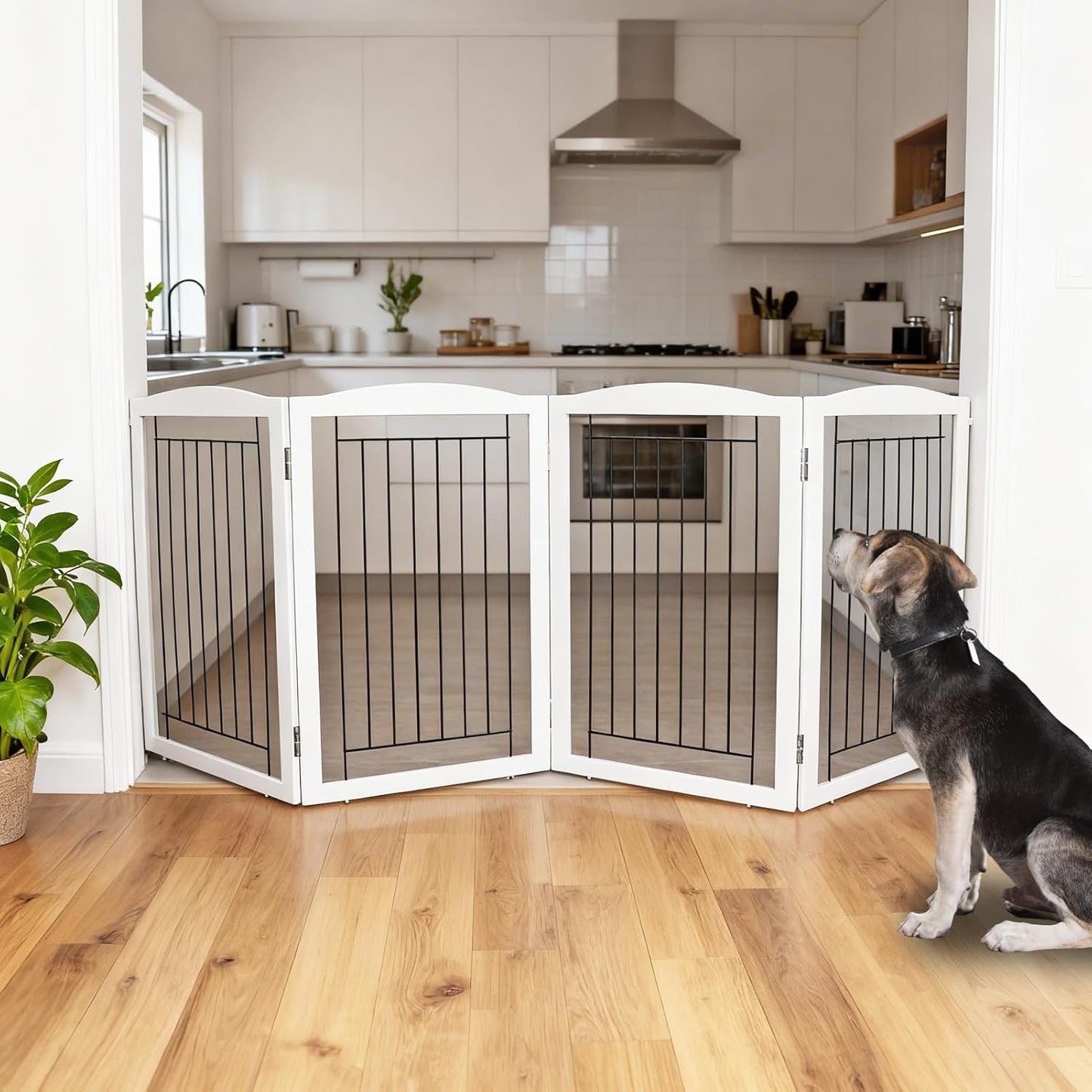 ZJSF Freestanding Foldable Dog Gate for House Extra Wide Wooden White Indoor Puppy Gate Stairs Doorways Pet Gate Tall Dog Fence 3 Panels Fence