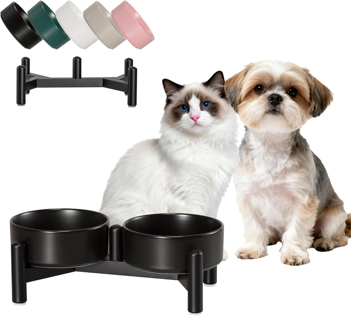Raised Ceramic Dog Bowl Set - Elevated Double Dishes with Stainless Steel Stand - Food and Water Bowls for Small to Medium Dogs - Each Holds 3.5 Cups (29.57 fl oz) - White