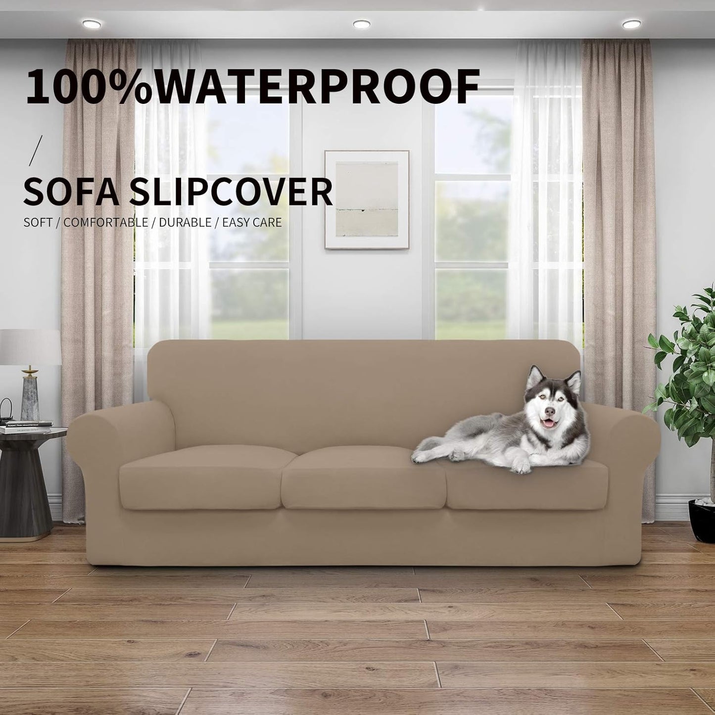Easy-Going 100% Dual Waterproof 4 Pieces Stretch Soft Couch Cover for Dogs, Sofa Slipcover for 3 Separate Cushion Couch Leakproof Furniture Protector for Kids, Pets Dark Gray