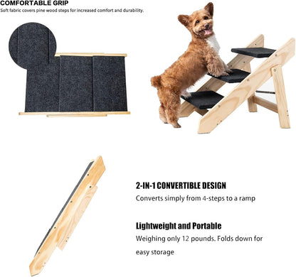 Wood Pet Stairs/Steps, 2-in-1 Foldable Dog Steps for Bed, Sofa, Couch and Cars, 3 Levels Dog/Cat Ladder & Ramp for Small Medium Large Pet, Wooden Frame Support Up to 110 lbs, Light Yellow