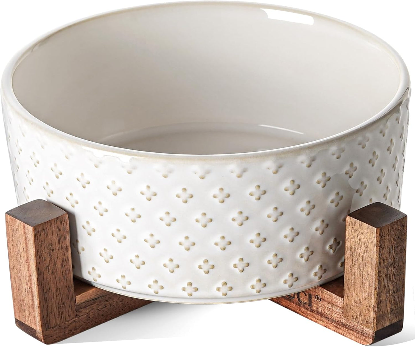LE TAUCI Dog Bowl Set with Acacia Wood Stand - 1.5-Cup Ceramic Puppy Bowls for Small Dogs, Dual Food and Water Bowls with Weighted Non-Slip Base