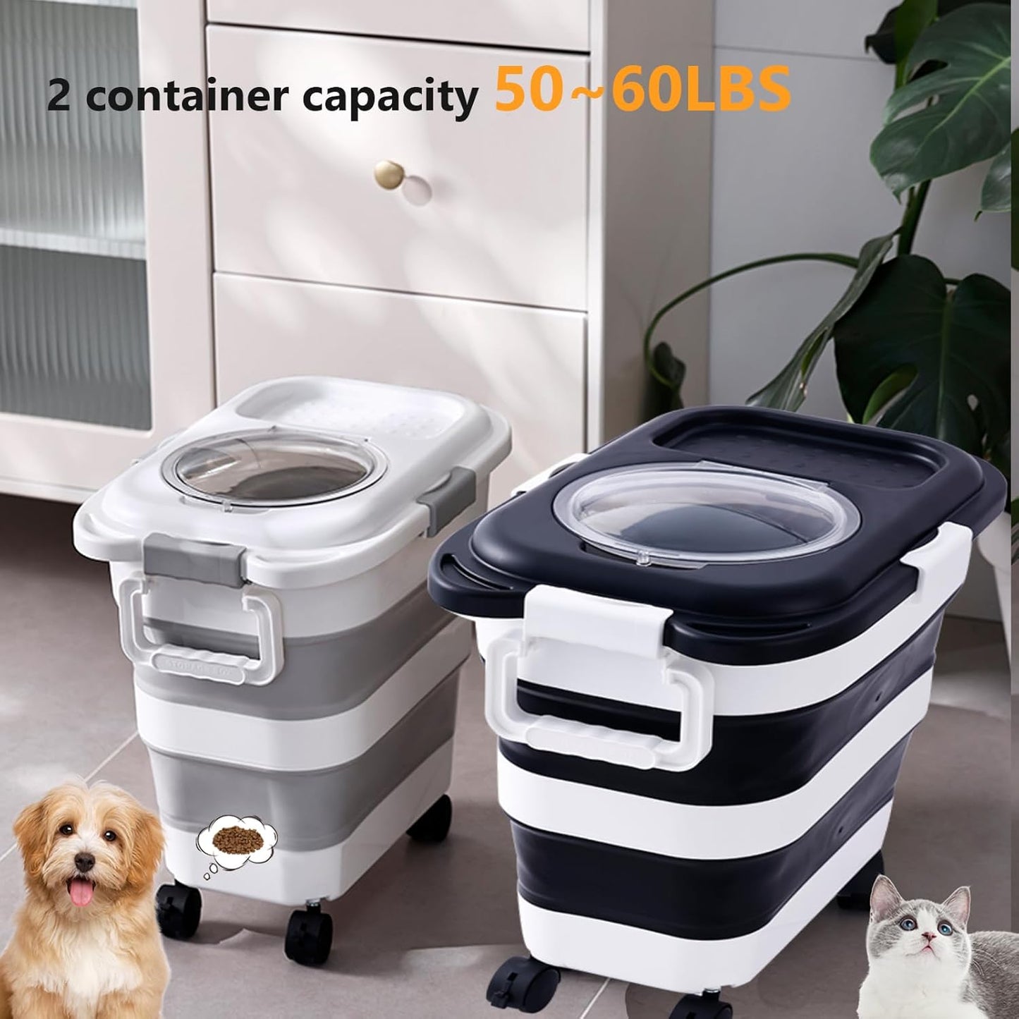 SEWIU 2pack 25 lbs Dog Food Storage Container,Collapsible Dog Food Container with Scoop,Pet/Dog/Cat/Bird Food/Cat litter Storage Containers to Keep Dry,Easy to Move.(Black+white)