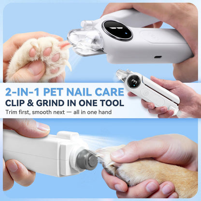 2-in-1 Dog Nail Clippers & Grinder with Light, Quiet Electric Pet Nail Trimmer for Large Medium Small Dogs & Cats, 3 Speeds, Rechargeable, Splash Guard & Safety Lock, Painless Grooming Tool (White)