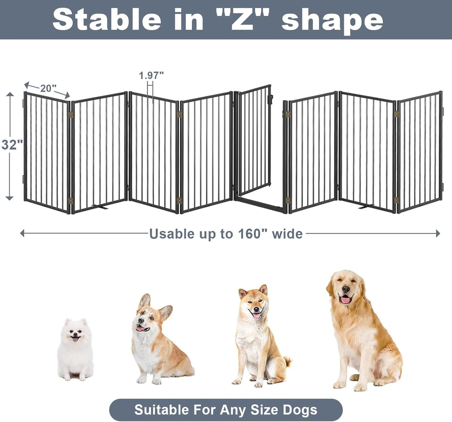 Metal Freestanding Dog Gates with Door for Outdoor Indoor,80'' Extra Wide 32'' Tall Free Standing Dog Gate for Doorways,Large Openings,Deck,Yard,Foldable Safety Pet Fence(Black,4 Panels)