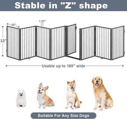 Metal Freestanding Dog Gates with Door for Outdoor Indoor,80'' Extra Wide 32'' Tall Free Standing Dog Gate for Doorways,Large Openings,Deck,Yard,Foldable Safety Pet Fence(Black,4 Panels)