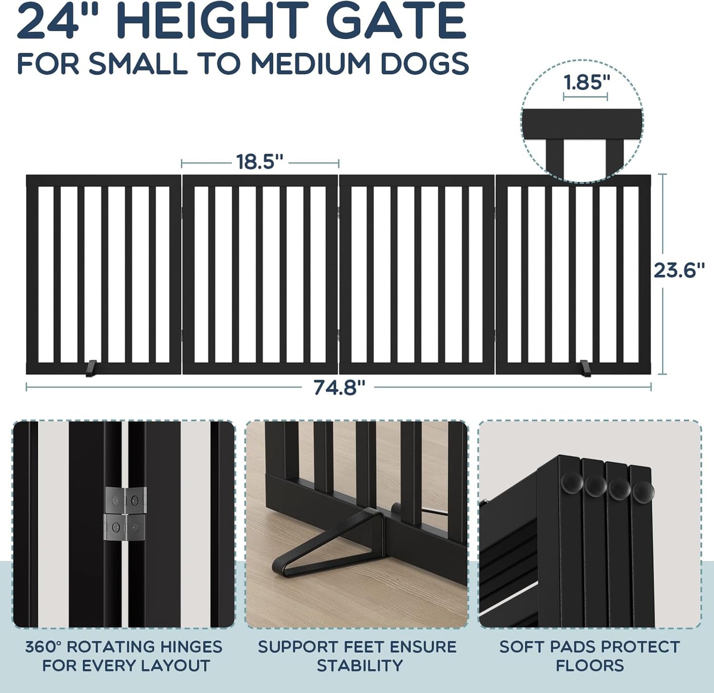 Homykic Bamboo Freestanding Dog Gate, No Assembly Pet Gate Indoor, 24”H x 75”W Extra Wide Foldable Puppy Fence with Support Feet for the House, Doorways Stairs, 4 Panels, No Drilling, Espresso
