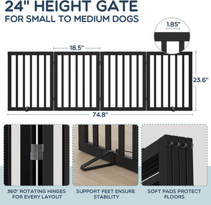 Homykic Bamboo Freestanding Dog Gate, No Assembly Pet Gate Indoor, 24”H x 75”W Extra Wide Foldable Puppy Fence with Support Feet for the House, Doorways Stairs, 4 Panels, No Drilling, Espresso
