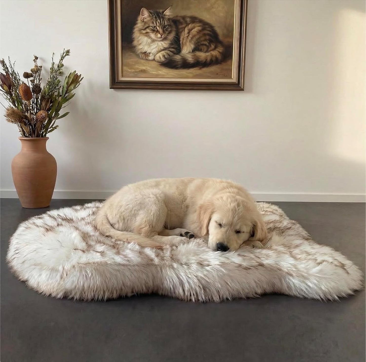 IHAPPYDOG Luxury Faux Fur Orthopedic Dog Bed, Memory Foam Dog Bed for Small, Medium, Large and XL Pets, Fluffy Pet Bed with Waterproof and Washable Cover (White w/Brown Tips, 50"x30")