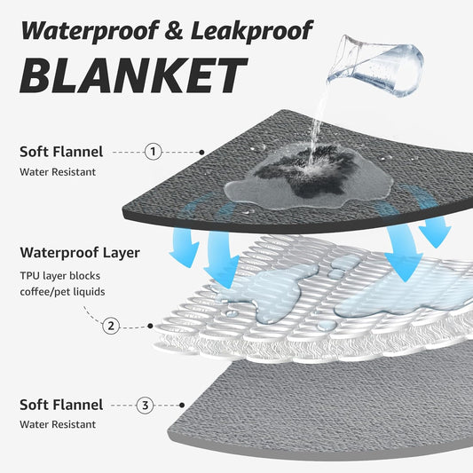 LOOBANI Waterproof Blanket for Bed: Reversible Soft Flannel Twin Bed Blanket 60" x 80", Leakproof Throw Spill-Proof Dog Pet Blanket for Couch Cover, Movie Time, Camping, Travel, Grey
