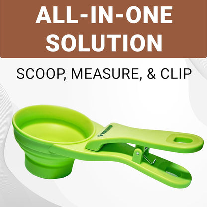 MeasureMate Pet Food Scoops with Bag Clip for Dog and Cat - 3-in-1 Multi-Function Collapsible Food Measuring Cup - 1 Cup Capacity, 8oz, Green - Dishwasher Safe