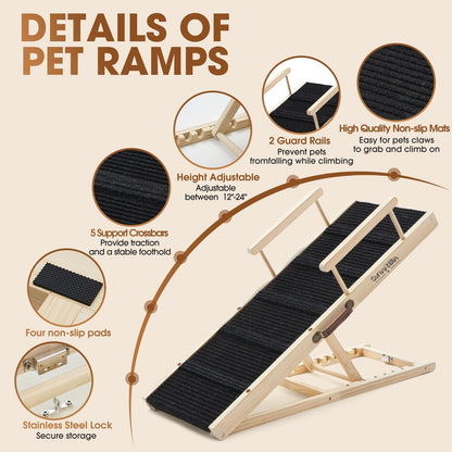Dog Ramp for Bed - Foldable Small to Large Dog Ramp for Couch - 6 Adjustable Height from 12" to 24" - Stairs with High Traction Mat - Wooden Portable Ramp for Dogs to Get on Bed Couch Car Up to 200LBS