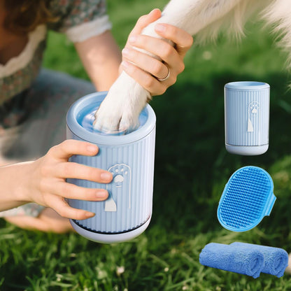 Compact Pet Paw Cleaner with 2 Absorbent Towels - Ergonomic Non-Slip Dog/Cat Foot Washer for Small & Medium Breeds, Portable Muddy Paw Cleaner Tool + Gentle on Puppy Paws - Blue