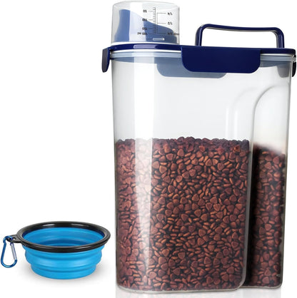 TIOVERY Dog Food Storage Container, 5-7 Lbs Airtight Pet Food Container, Cat Food Container Dispenser Plastic Bin with Pouring Spout, Portable Handle and a Collapsible bowl for Dogs Cats Grey/6Qt