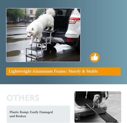 Foldable Dog Stairs for Cars, 4 Steps Wide Dog Ramp for Large Dogs with Non-Slip Surface, Lightweight Aluminum Foldable Steps for High Beds, Cars, SUVs, Trucks, Supports up to 250 lbs