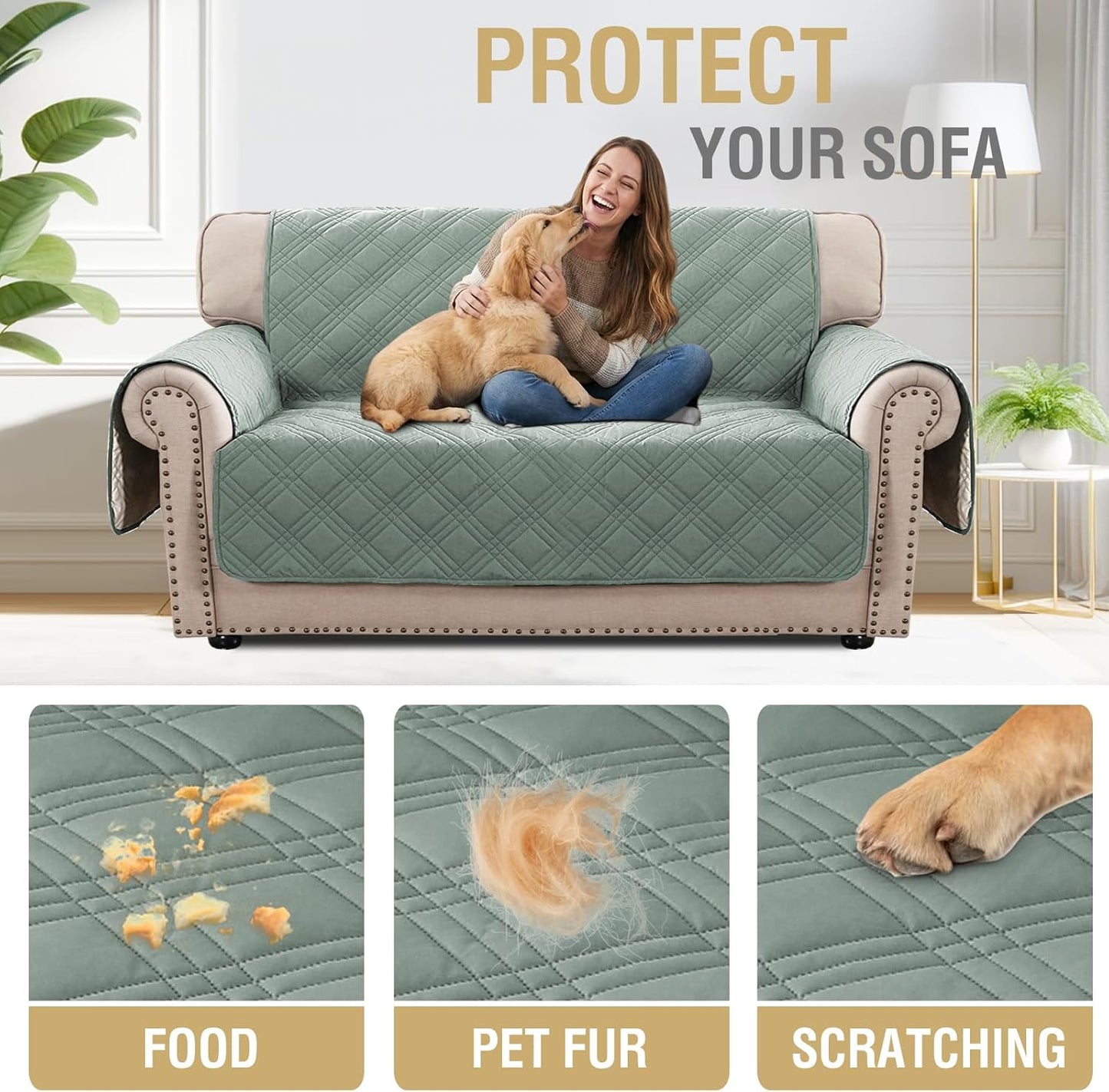 H.VERSAILTEX 100% Waterproof Slipcovers for Couches and Sofas Modern Pet Couch Cover Thick Soft Furniture Protector with Elastic Straps(Sofa, Lily Pad/Beige)