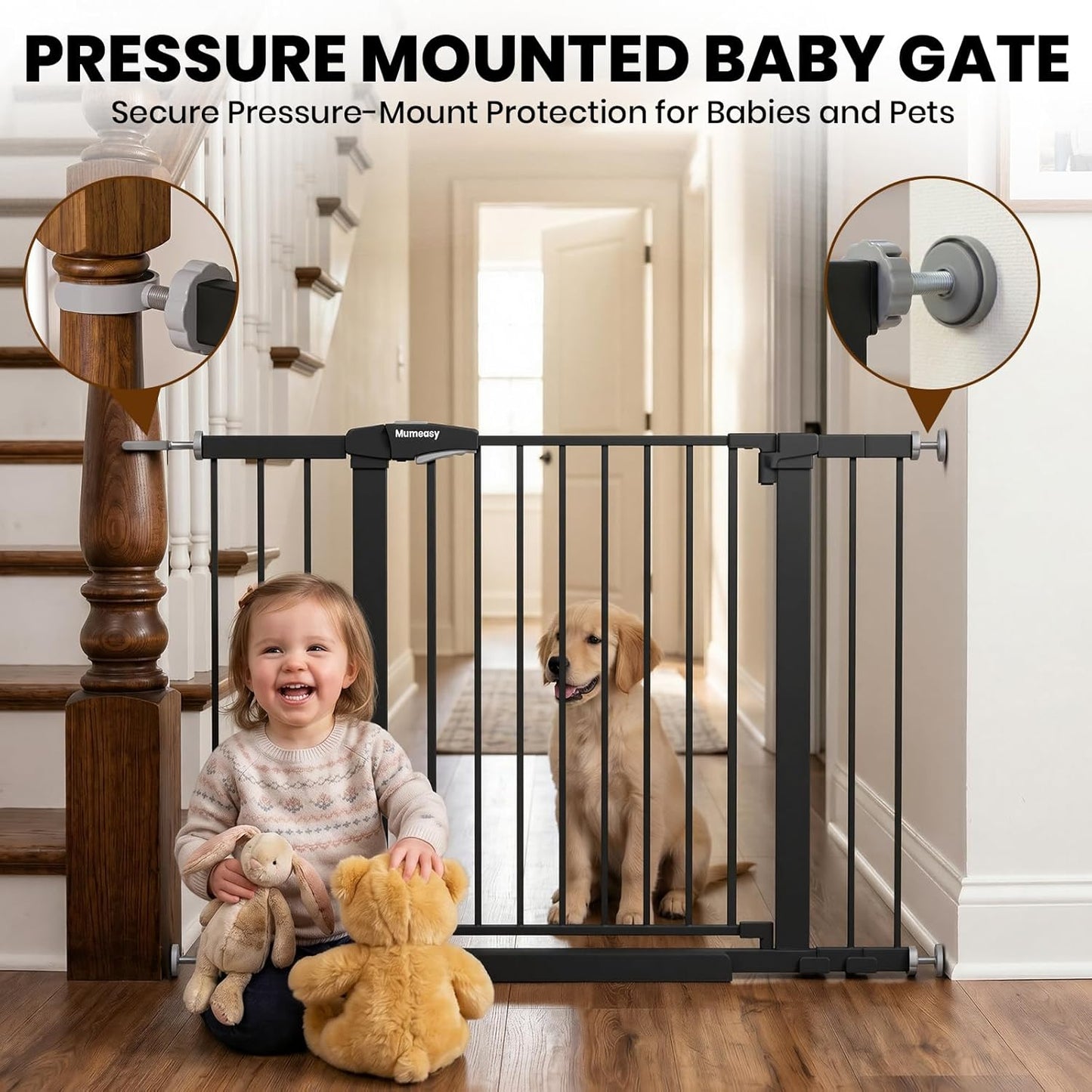 Mumeasy 29.7-46" Baby Gate for Stairs, Pressure Mounted Dog Gate for Doorways, Auto Close Walk Through Pet Gate Indoor, Extra Wide Metal Child Safety Gate, Mom's Choice Awards Winner, Black