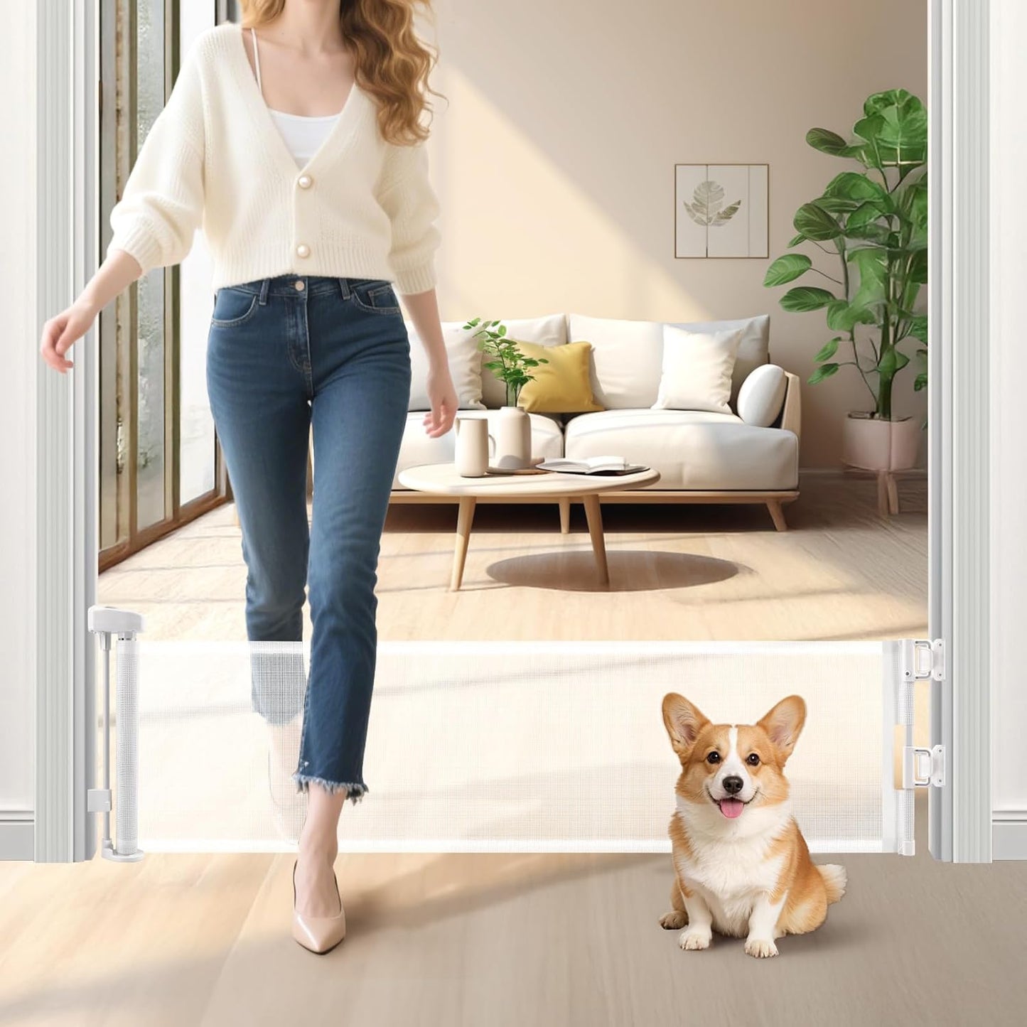 Short Dog Gate,14" Tall Gate to Step Over, Puppy Mesh Retractable Pet Gates Doggy Door for Doorways Stairs, Extends up to 55" Wide for Kitchen Hallways Indoor, Gray