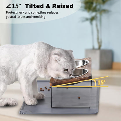 Upgraded Elevated Cat Bowls with Food Mat,15°Tilted Stand Anti Vomiting Raised Cat Dishes for Food and Water,2 Stainless Steel Bowls for Cats and Puppy