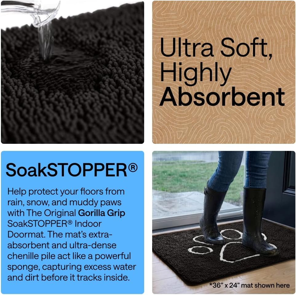 GORILLA GRIP SoakSTOPPER Dog Door Mat, 30x20 Machine Washable Rug Absorbent Doormat Captures Moisture Mud Dirt, Quick Dry Soft Chenille Entryway Rugs Indoor Entrance Mats for Dog Paws, Paw Grey