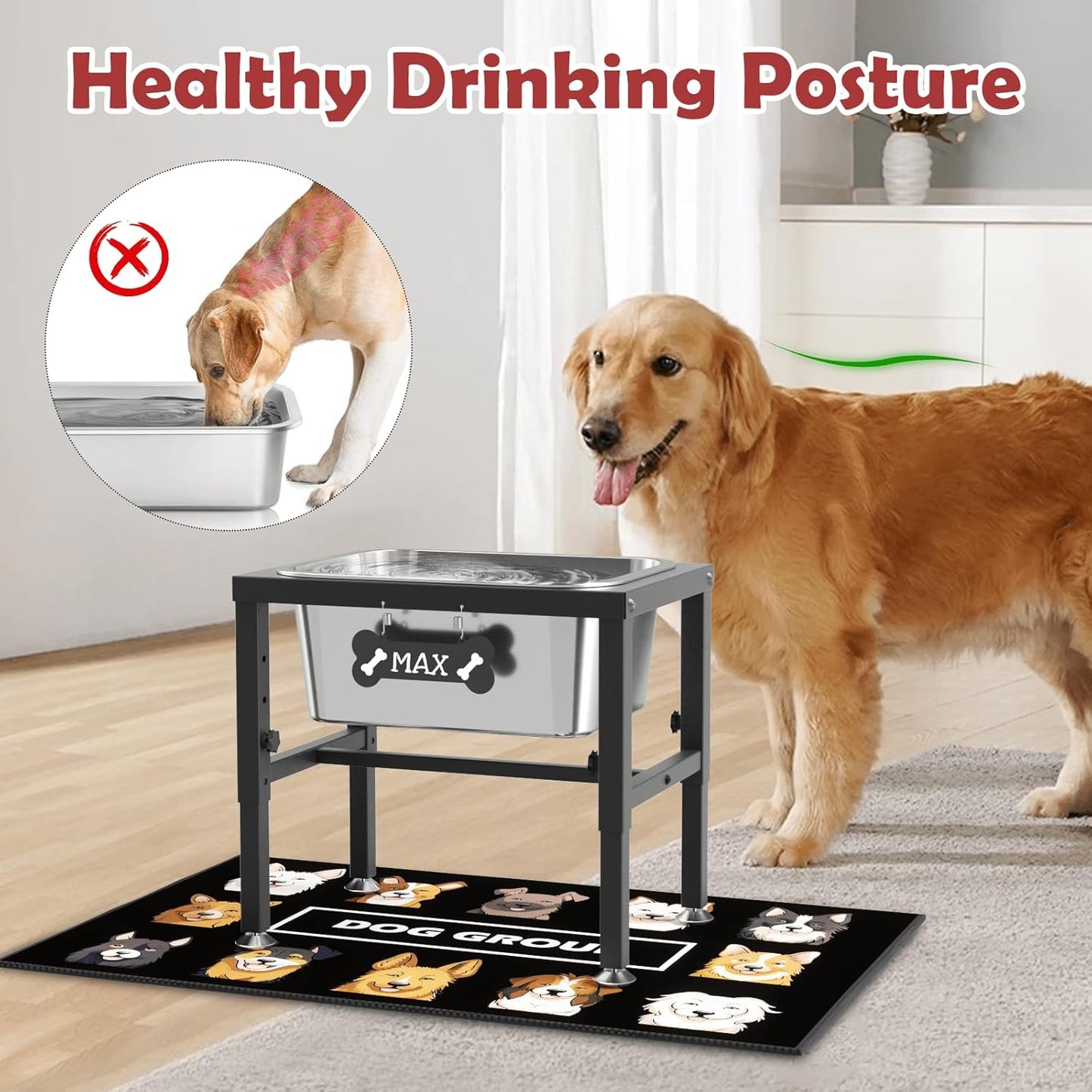 ADENGL 1.6 Gallon Elevated Dog Water Bowl for Large Dogs, 4-Height Adjustable (13–18'') Raised Stainless Steel Bowl with Spill-Proof Mat & Sturdy Metal Stand, Easy-Clean Feeder for Indoor/Outdoor Use